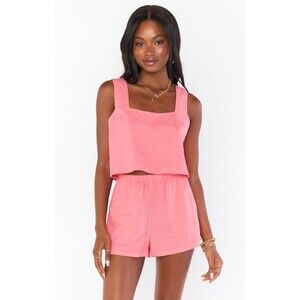 Show Me Your Mumu Tara Crop Top Square Neck Flamingo Pink Linen Blend Small